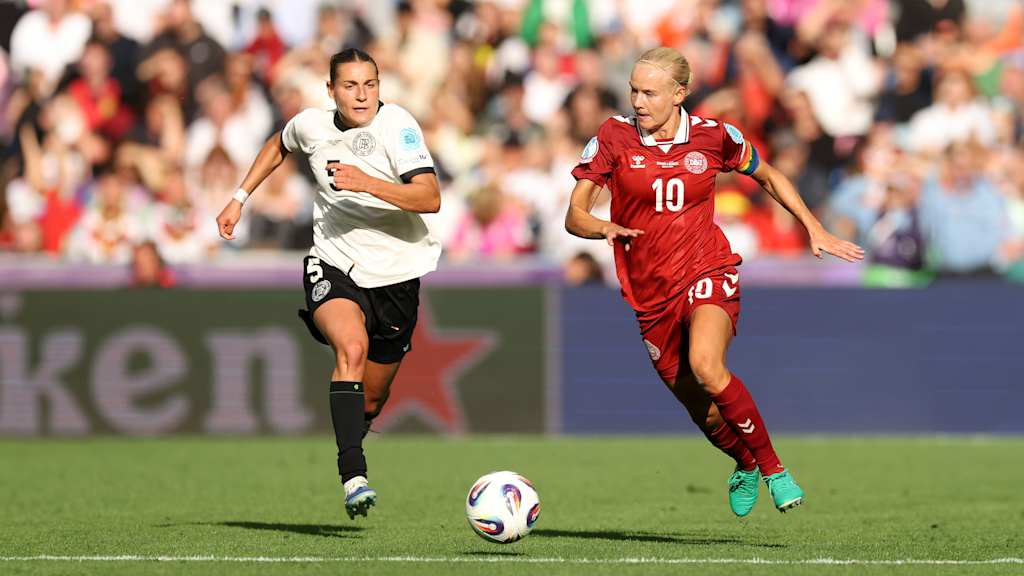 Pernille Harder with the ball at her feet against Germany.