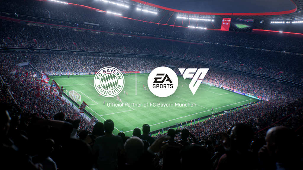 Das FC Bayern- und EA-Logo vor dem Hintergrund der Allianz Arena.