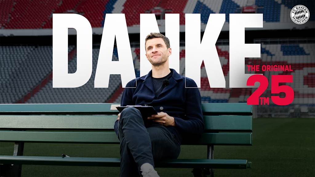 Thomas Müller sits in the Allianz Arena on a park bench on the pitch.