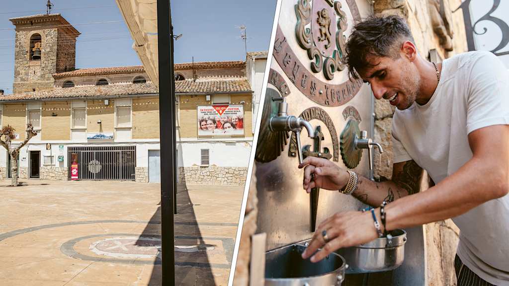 Collage: A square in Ayegui and Javi Martinez at a water fountain.