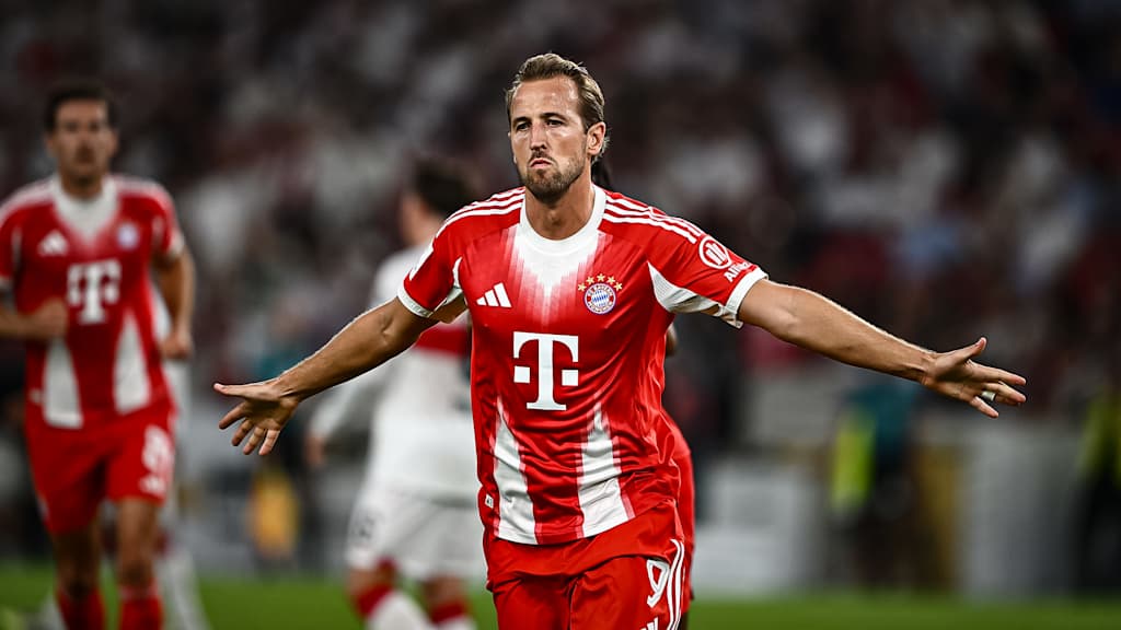 Harry Kane bejubelt den Treffer zum 1:0 während des Franz Beckenbauer-Supercup zwischen dem VfB Stuttgart und dem FC Bayern