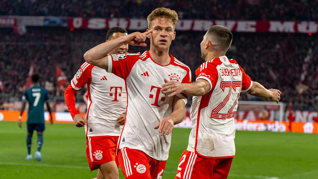 Joshua Kimmich bejubelt ein Tor im Champions League-Achtelfinale 2024 gegen den FC Arsenal.