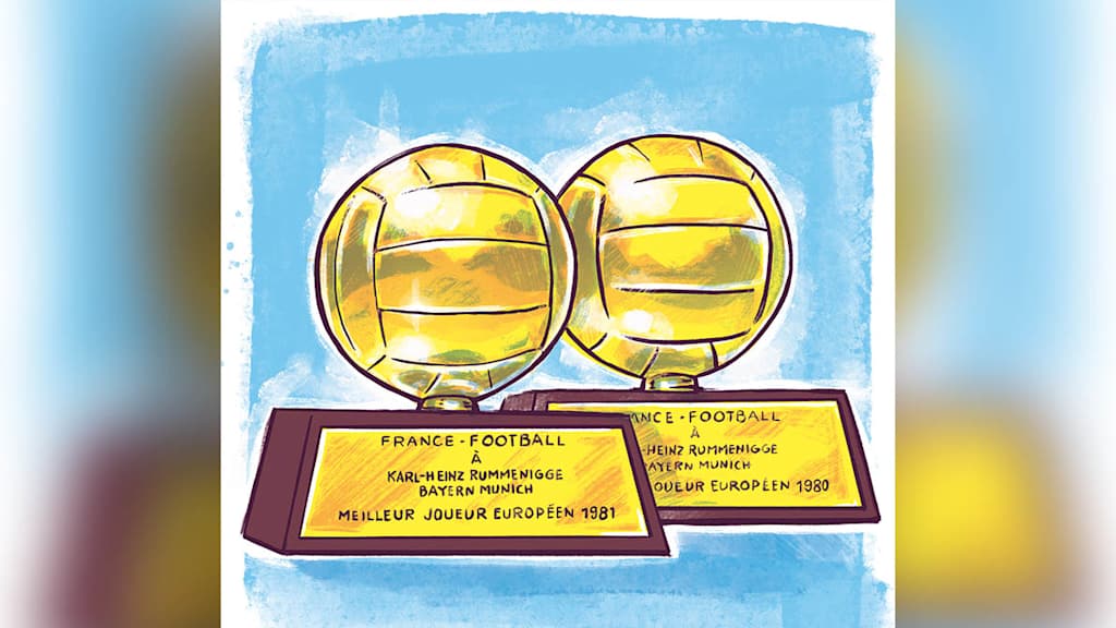 Eine Illustration von zwei goldenen Pokalen von France Football vor hellblauem Hintegrund