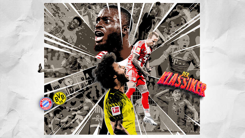 Matchday-Grafik FC Bayern gegen Dortmund mit Upamecano im Zentrum