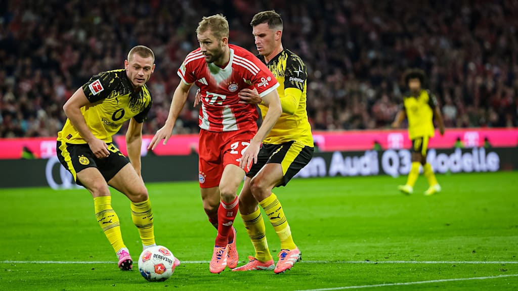 Konrad Laimer im Zweikampf während des Bundesliga-Heimspiels des FC Bayern gegen Borussia Dortmund