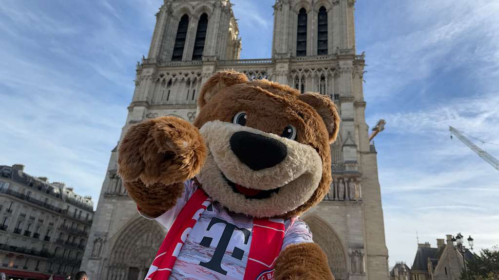 FC Bayern-Maskottchen Berni steht winkend vor der Notre-Dame in Paris.