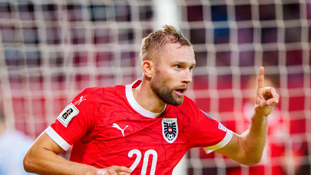 Konrad Laimer jubelt mit erhobenem Finger im Länderspiel Österreich gegen San Marino