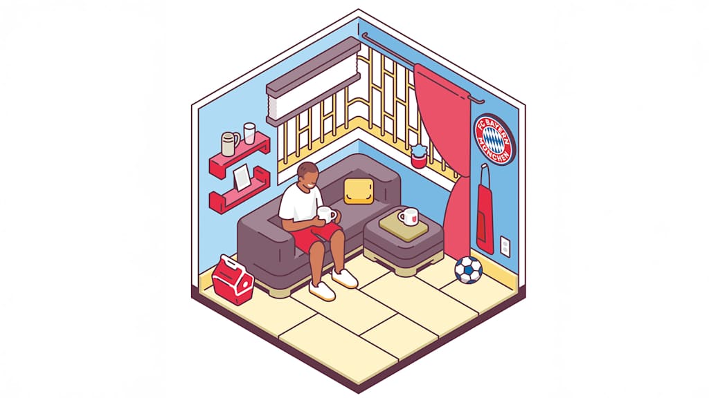Illustration eCommerce FC Bayern: Ein Fan sitzt mit Tasse in seinem Wohnzimmer