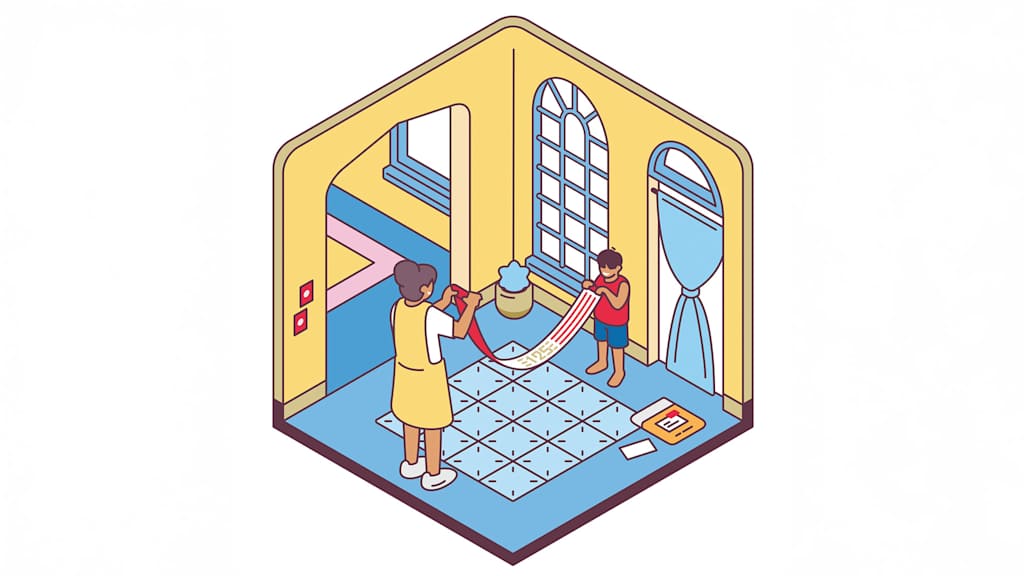 Illustration FC Bayern eCommerce: Zwei Fans falten einen Schal im Flur zusammen