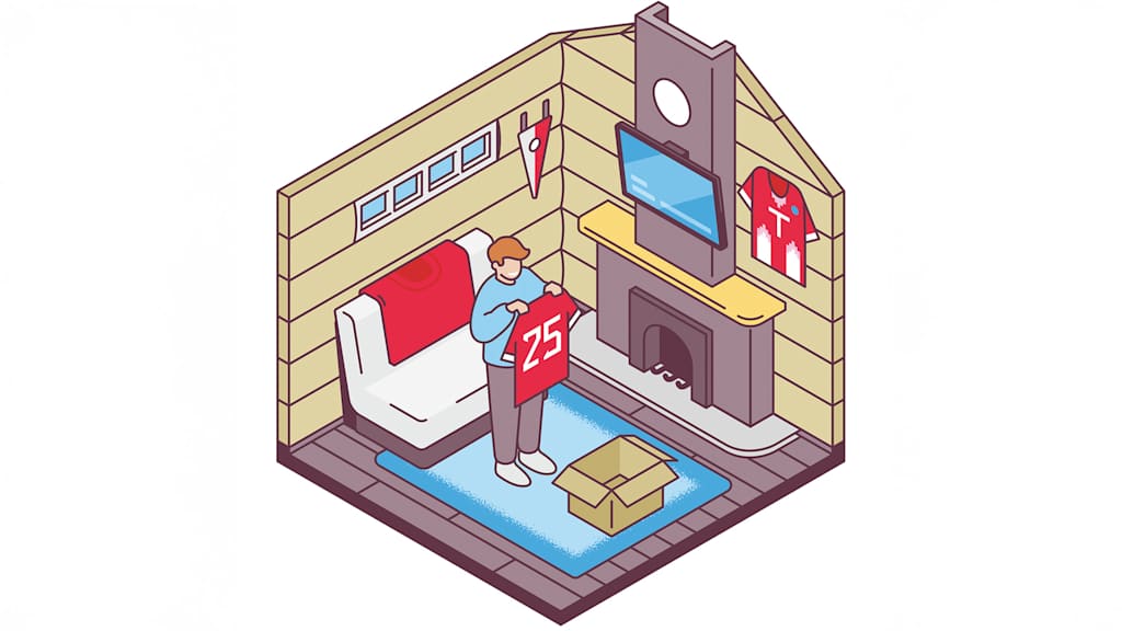 Illustration FC Bayern eCommerce: Ein Fan steht mit FC Bayern-Trikot vor dem Kamin