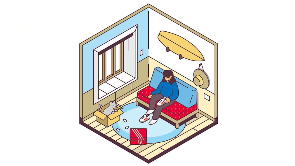 Illustration eCommerce FC Bayern: Ein Fan probiert Schuhe auf dem Sofa in seinem Wohnzimmer an.