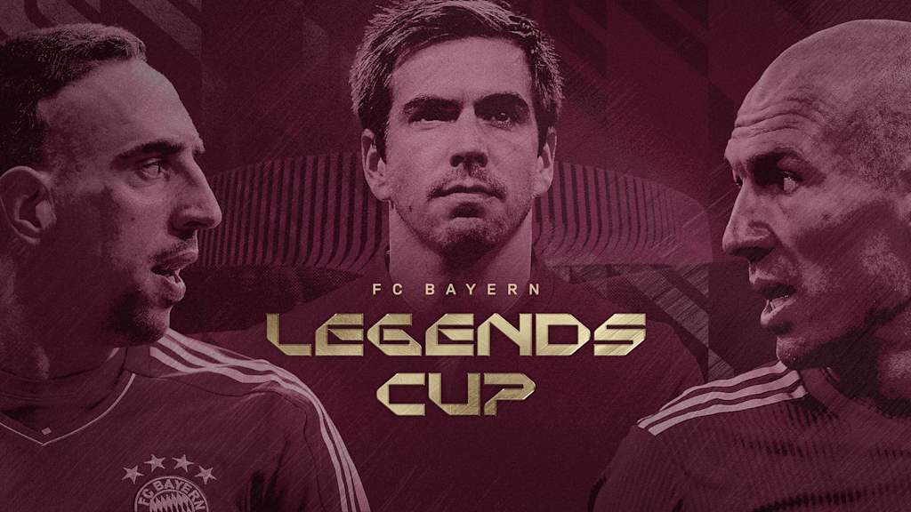 Grafik mit Franck Ribery, Philipp Lahm und Arjen Robben sowie einem goldenen Schriftzug "FC Bayern Legends Cup"