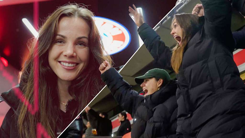 Tuva Hansen and Lena Oberdorf celebrate in the stands.