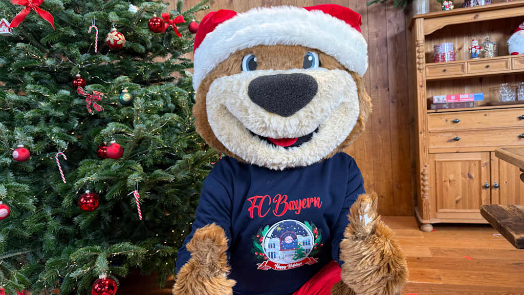 Berni neben einem geschmückten Weihnachtsbaum.