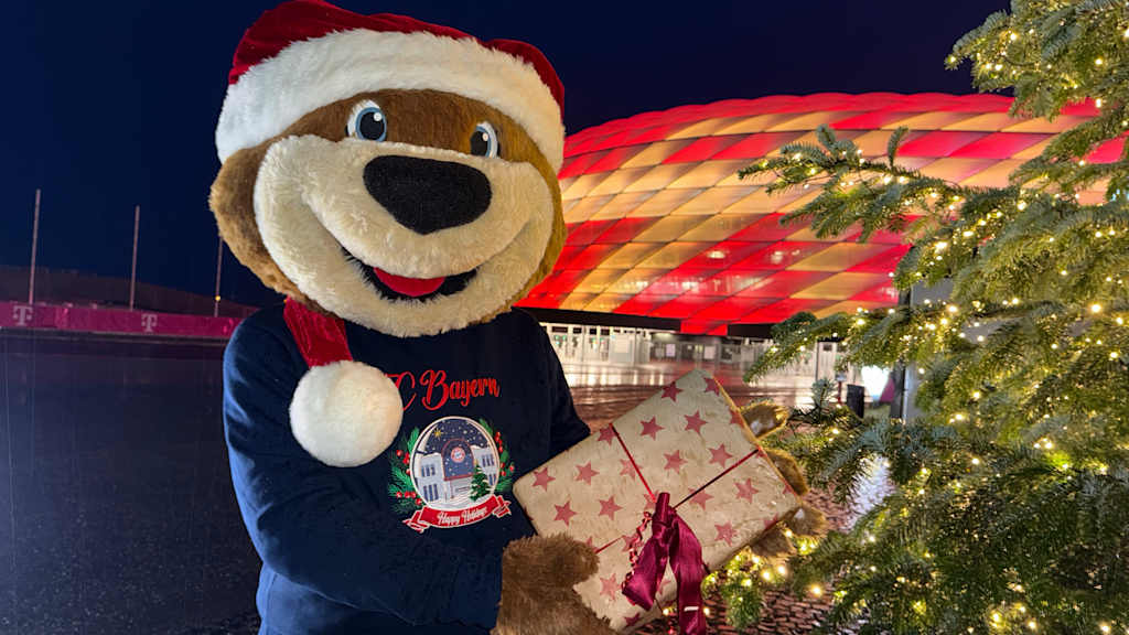 Berni neben einem Tannenbaum vor der Allianz Arena mit einem Geschenk in der Hand.
