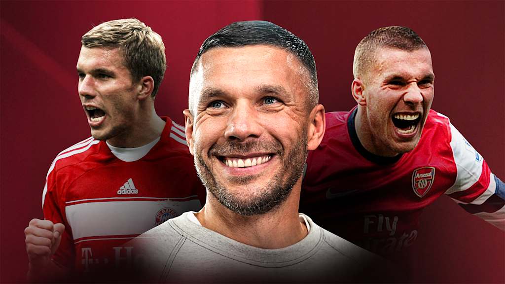 Drei Bilder von Lukas Podolski mit Bayern- und Arsenal-Trikots