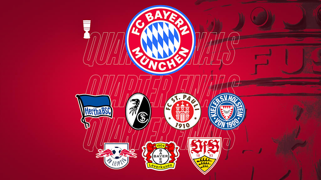 Das Logo des FC Bayern neben den Logos vom SC Freiburg, Hertha BSC, St. Pauli, Holstein Kiel, RB Leipzig, Bayer 04 Leverkusen und dem VfB Stuttgart.