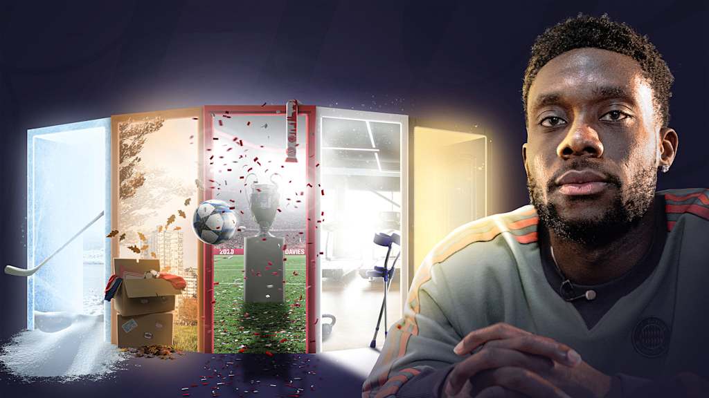 Grafik mit einem Foto von Alphonso Davies und fünf Türen
