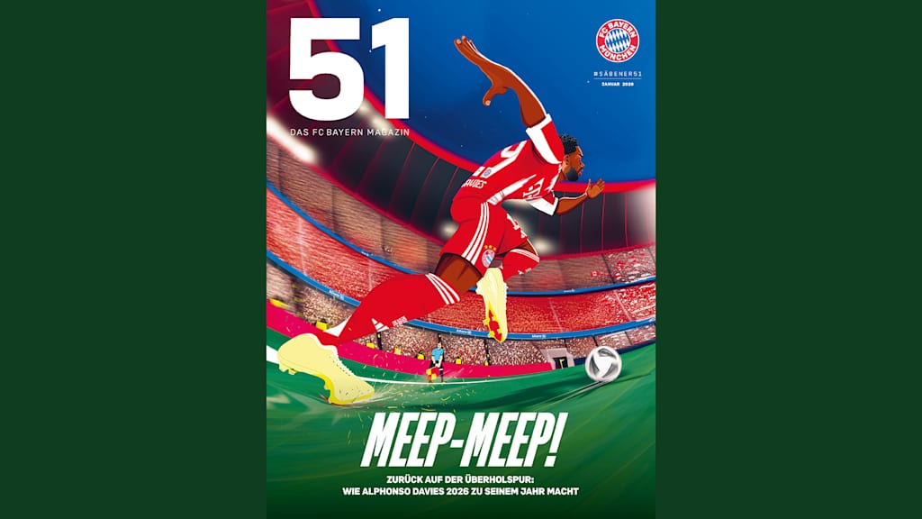 Cover des FC Bayern Magazin 51 im Januar 2026 mit einer Illustration von Alphonso Davies