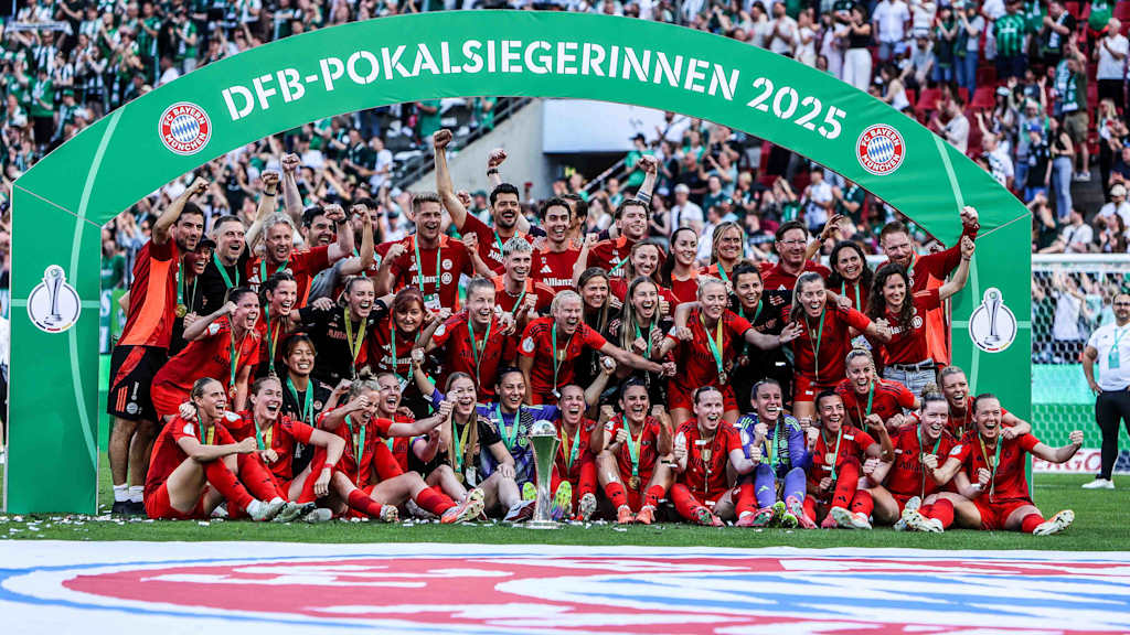 FC Bayern women celebrate their cup victory in Cologne.