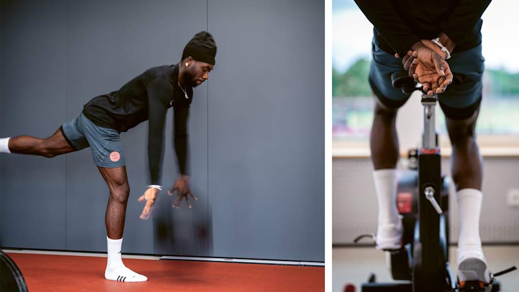 Alphonso Davies doing rehab exercises following his cruciate ligament tear