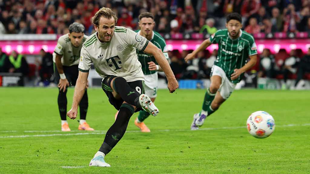 Harry Kane erzielt das Tor zum 2:0 im Bundesliga-Heimspiel des FC Bayern gegen den SV Werder Bremen.