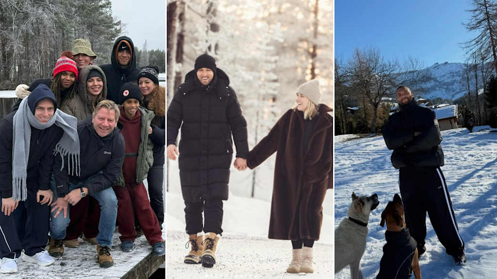 Jamal Musiala mit Familie, Harry Kane mit Ehefrau und Jonathan Tah mit seinen Hunden im Schnee