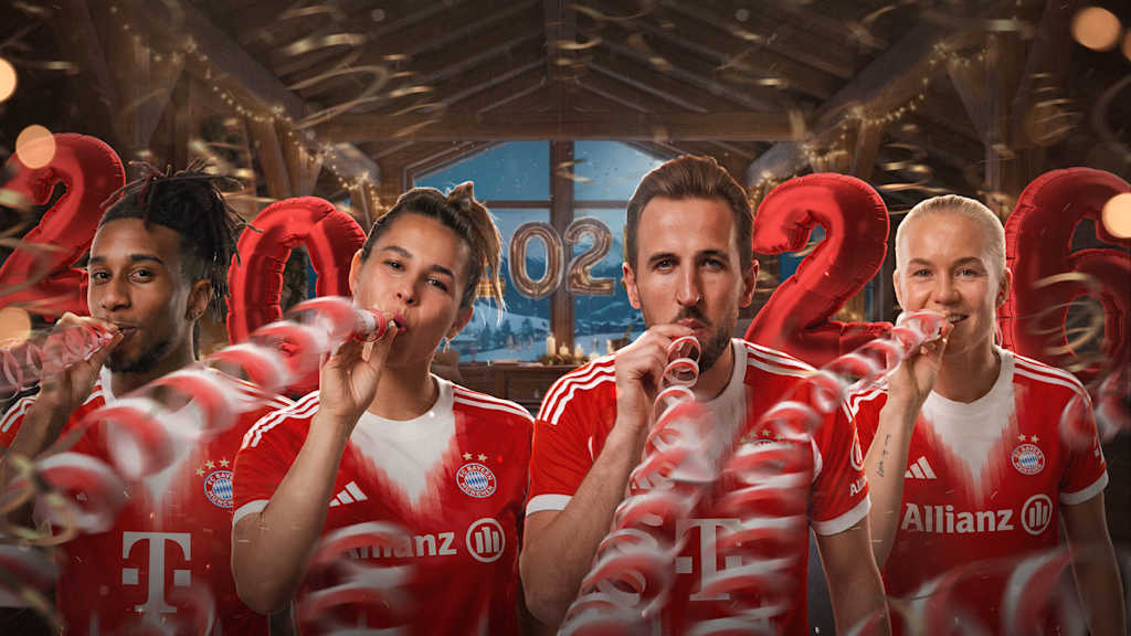 Grafik: Michael Olise, Lena Oberdorf, Harry Kane und Pernille Harder mit Luftschlangen in einem Raum der für Neujahr 2026 geschmückt ist
