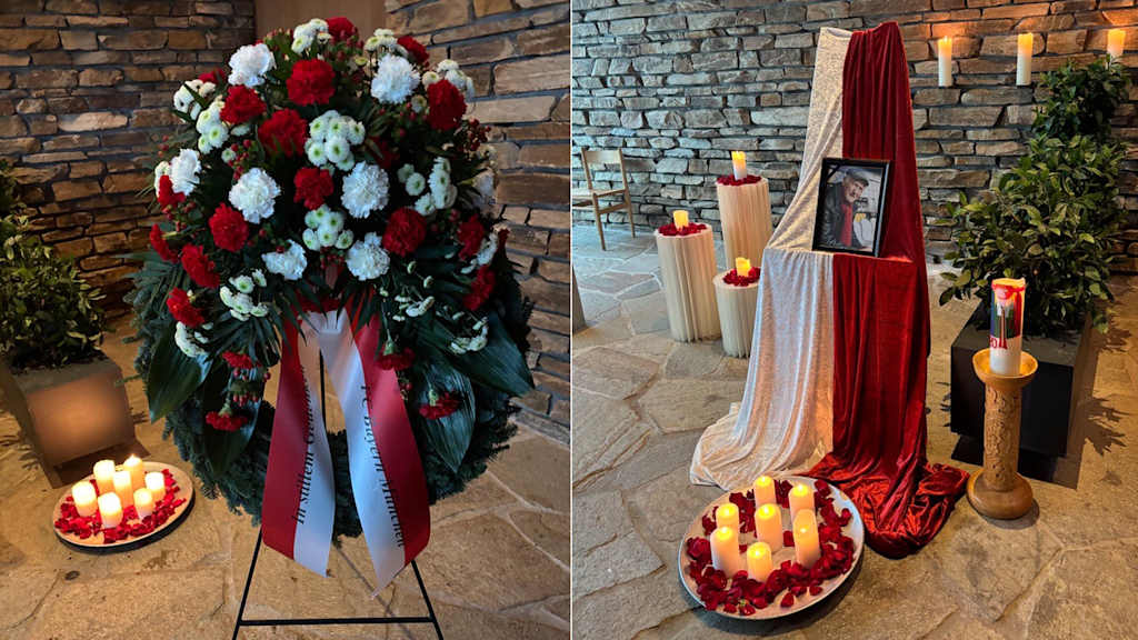 Kranz und Foto auf der Gedenkfeier für den verstorbenen Peter Kupferschmidt