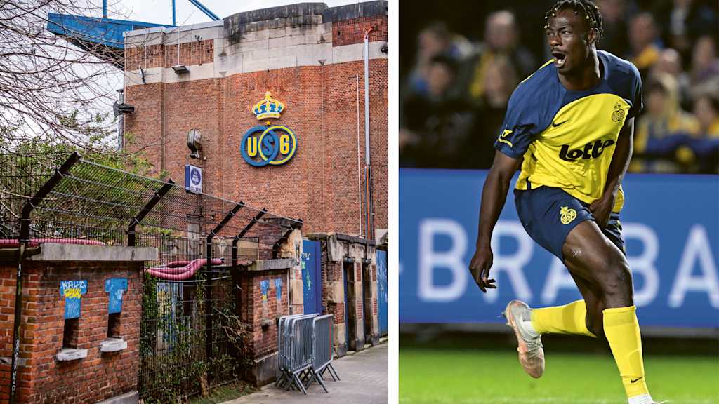 Blick auf die Geschäftsstelle von Royale Union Saint-Gilloise, daneben USG-Stürmer Promise David