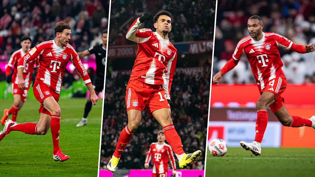 Collage: In FC Bayern’s Bundesliga match, Leon Goretzka wears the adidas Predator football boot, Luis Díaz the adidas F50, and Jonathan Tah the adidas Copa.