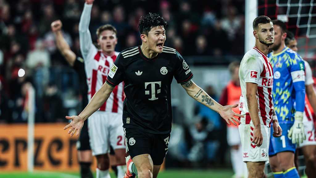 Minjae Kim jubelt nach dem 2:1 im Bundesliga-Spiel des FC Bayern beim 1. FC Köln