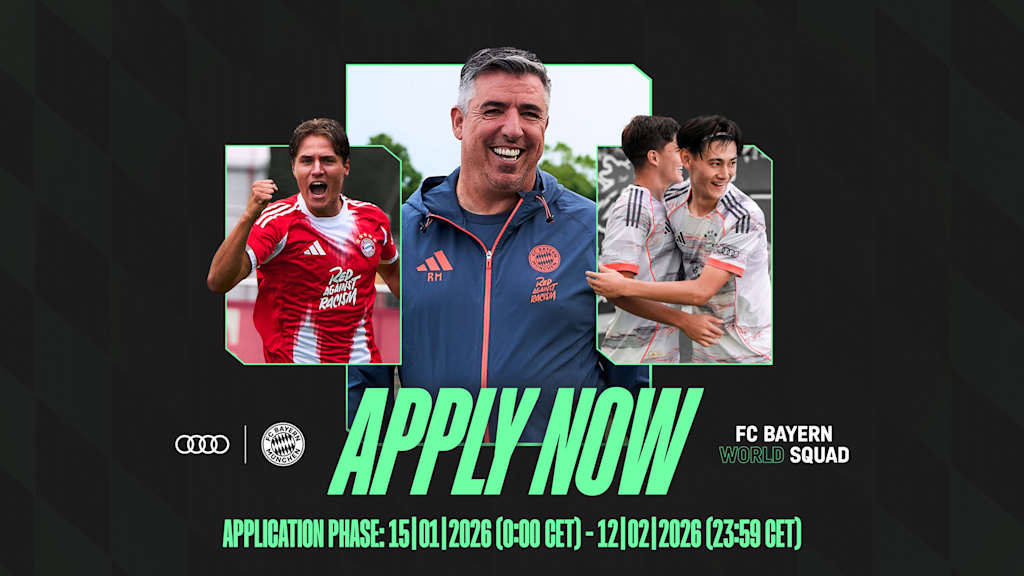 Grafik zum FC Bayern World Squad mit Schriftzug Apply now