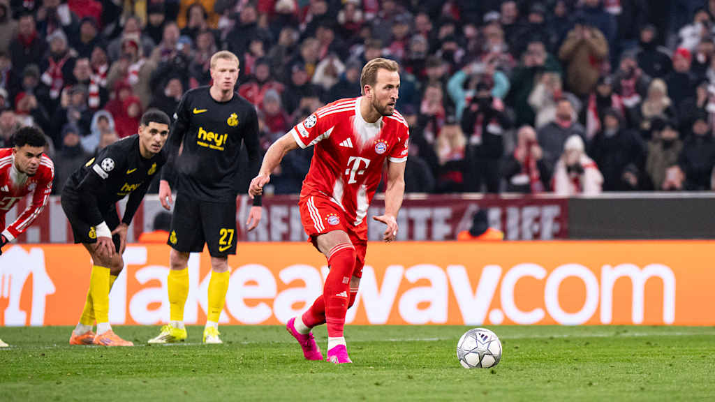 Harry Kane beim Elfmeter im Champions League-Spiel des FC Bayern gegen Royale Union Saint-Gilloise