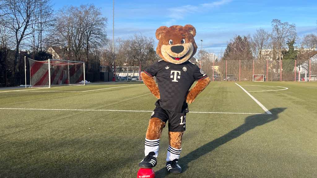 Berni auf dem Kunstrasenplatz und steht mit einem Fuß auf dem Ball.