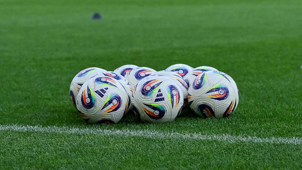 Bälle der Frauen-Bundesliga auf einem Rasen liegend.