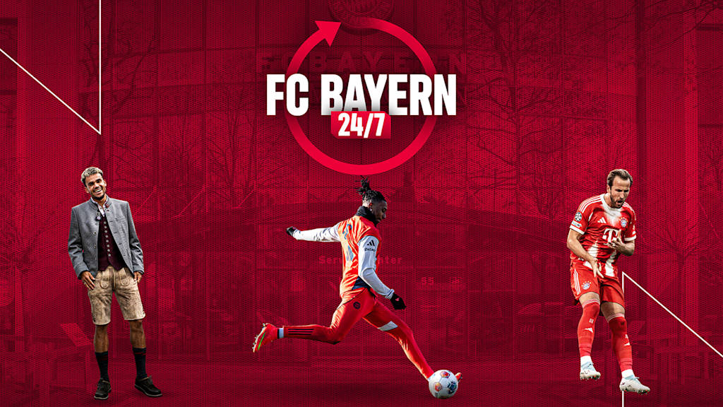 Red graphic with the words FC Bayern 24/7 and Luis Díaz, Michael Olise and Harry Kane