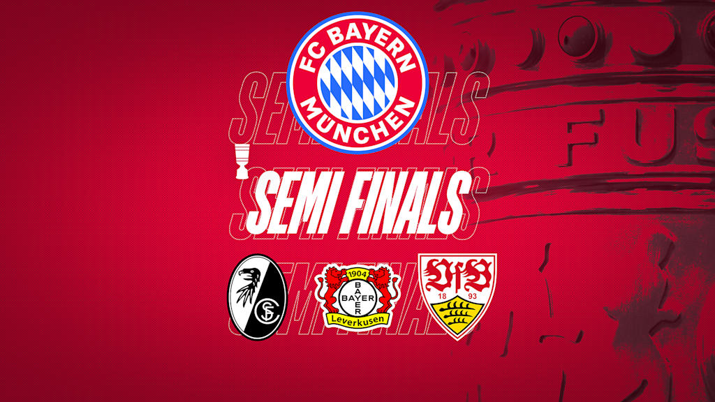 Escudos de los equipos FC Bayern, SC Freiburg, Leverkusen y Stuttgart delante de una Copa y la inscripción «Semi Finals».