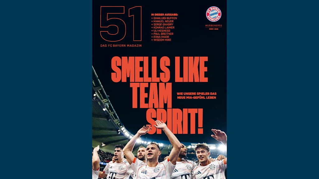 Cover des FC Bayern-Magazins 51 März 2025 mit jubelnden Bayern-Spielern und dem Titel Smells like Teen Spirit