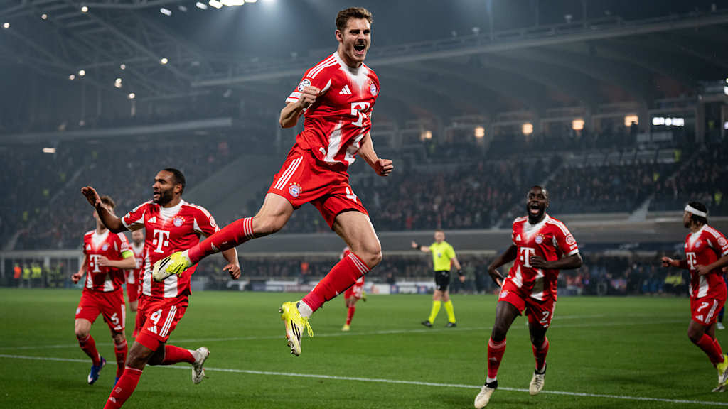 Josip Stanisic jubelt nach dem Tor zum 1:0 im Hinspiel des FC Bayern bei Atalanta Bergamo im Champions League Achtelfinale