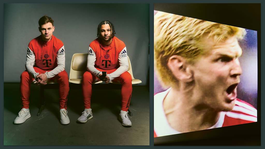 Joshua Kimmich und Serge Gnabry sitzend - daneben ein Bild von Stefan Effenberg im CL-Finale 2001