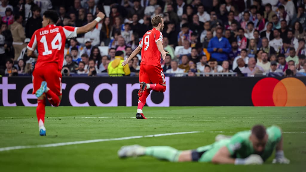 Harry Kane bejubelt sein Tor zum 2:0 während des Viertelfinal-Hinspiels des FC Bayern bei Real Madrid