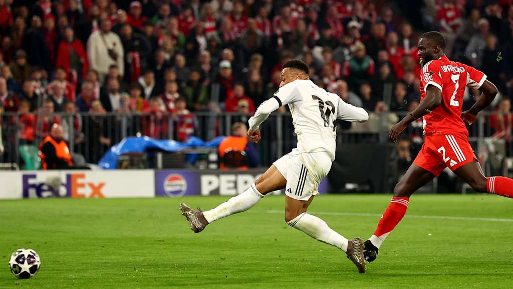 Kylian Mbappé trifft zum 2:3 im Champions League-Viertelfinale zwischen dem FC Bayern und Real Madrid