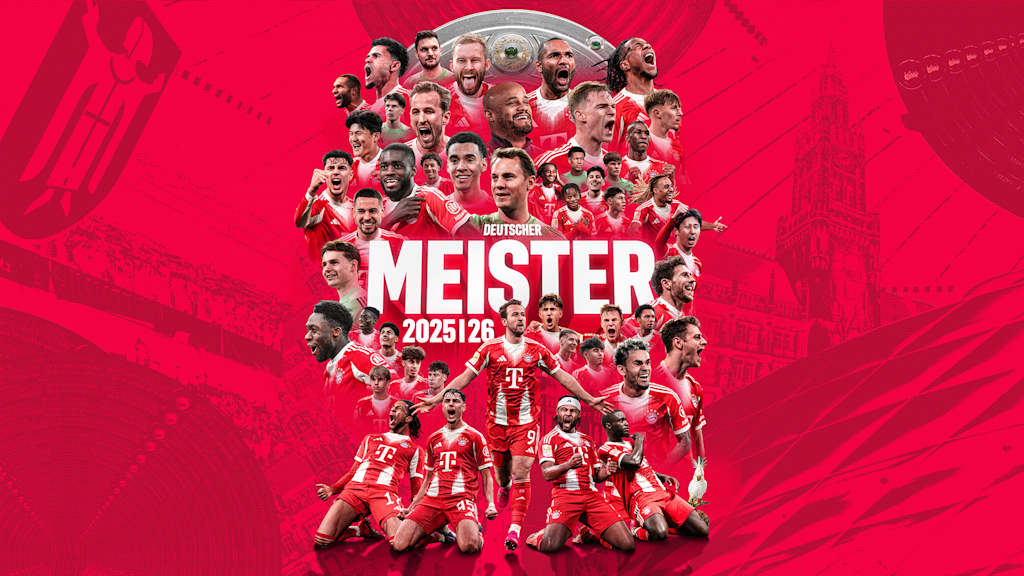 Grafik mit dem Kader der Saison 2025/26 des FC Bayern und dem Schriftzug Deutscher Meister 2025/26