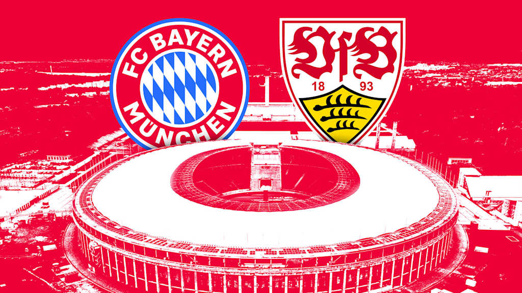 Grafik mit den Logos vom FC Bayern und VfB Stuttgart und dem Berliner Olympiastadion