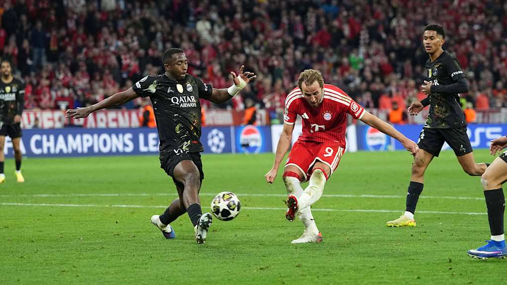 Harry Kane erzielt das Tor zum 1:1 im Champions League-Halbfinal-Rückspiel des FC Bayern gegen Paris Saint-Germain.