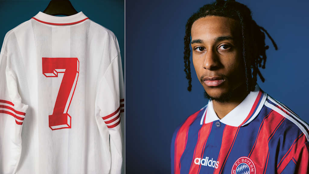 Links das weiße FC Bayern-Trikot von Mehmet Scholl, lrechts Michael Olise im rot-blauen FC Bayern-Trikot aus den Neunzigern