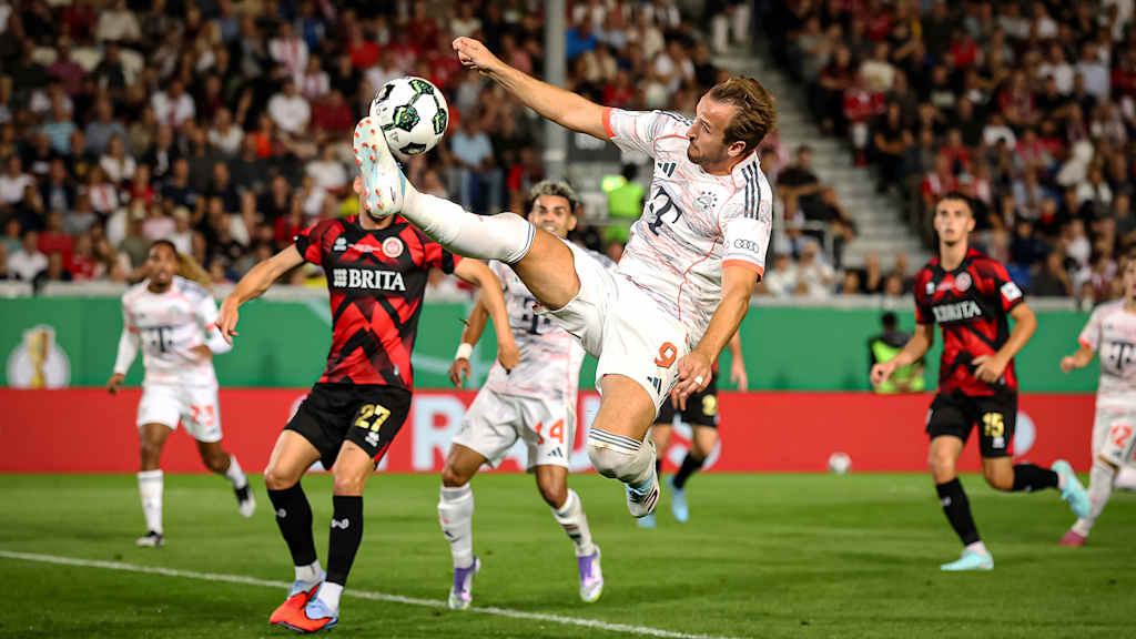 Harry Kane skilfully takes down the ball during FC Bayern's DFB Cup tie at SV Wehen Wiesbaden