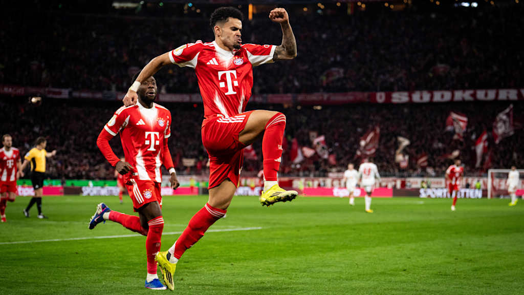 Luis Díaz celebrates after scoring in the DFB Cup quarter-final against RB Leipzig.