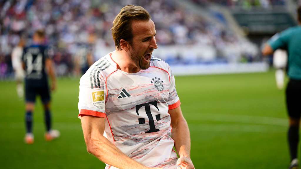 Harry Kane bejubelt ein Tor im Bundesliga-Spiel des FC Bayern bei der TSG 1899 Hoffenheim.